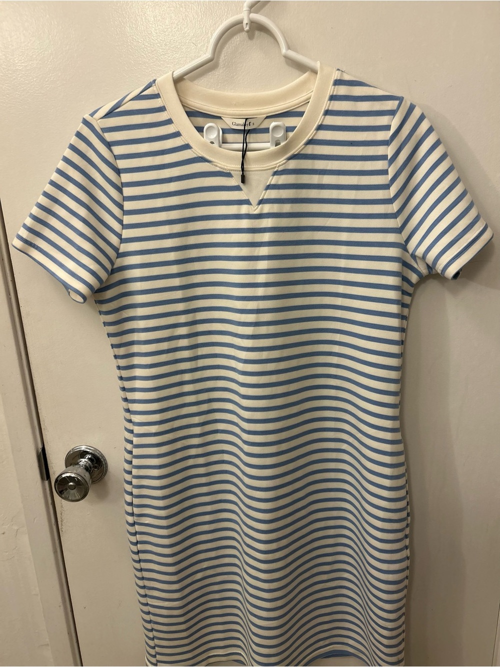 Glamaker Light Blue and Cream Striped Casual Tee Dress